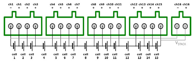 V16: Example of connection for 15-cell battery. fixed channel configuration, for battery/fuel-stack cells measurement.
